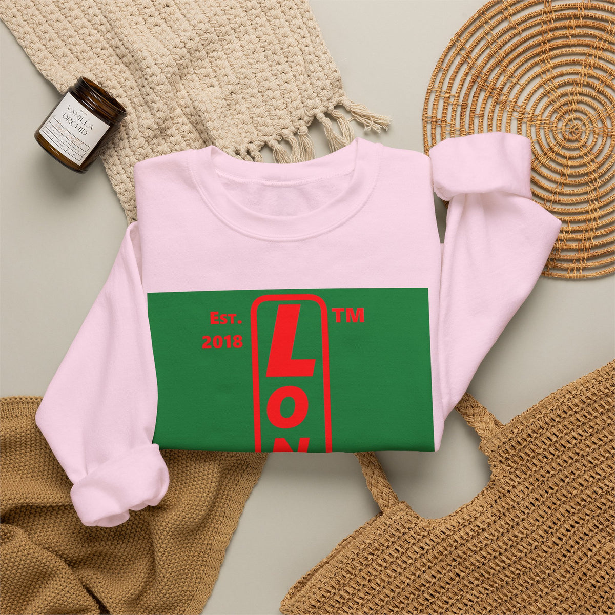 LongD Chicago upright logo positive red on negative green (Xmas colors) crewneck sweatshirt