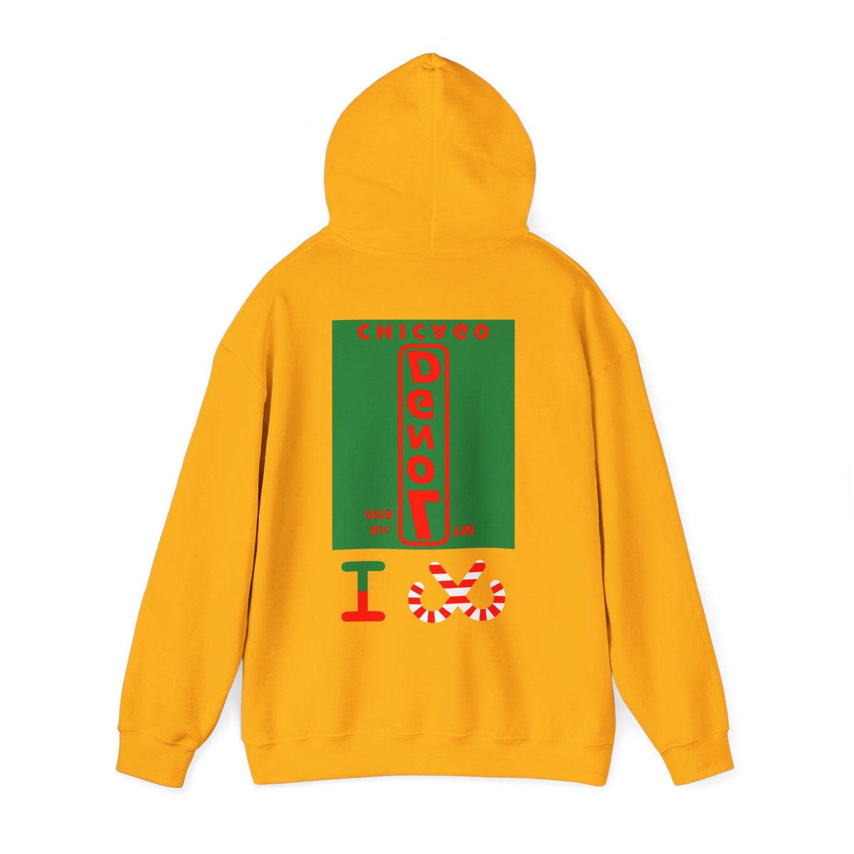I candy cane LongD Chicago upright front-back logo positive red on negative green hoodie