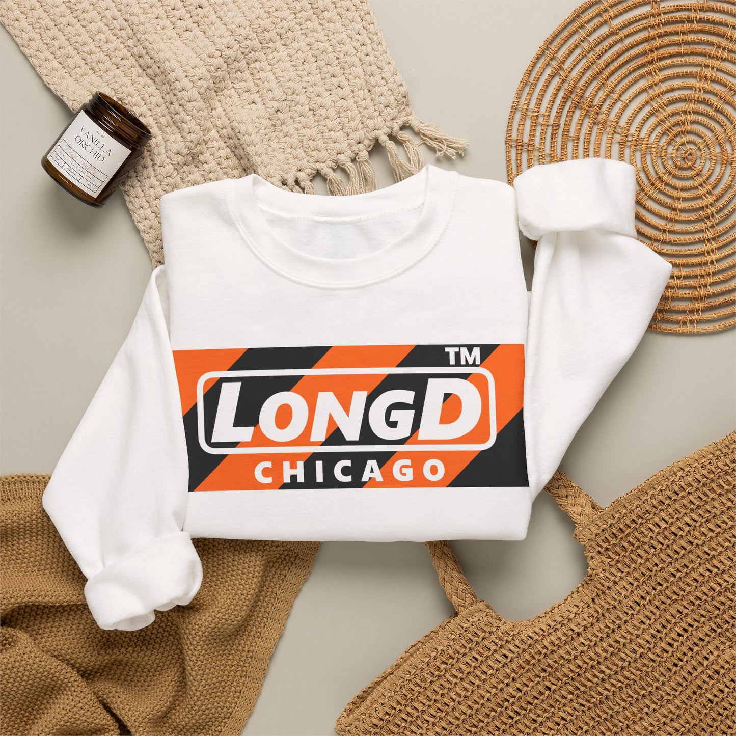 LongD Chicago negative diagonal 6-striped front-back logo (Halloween colors) crewneck sweatshirt