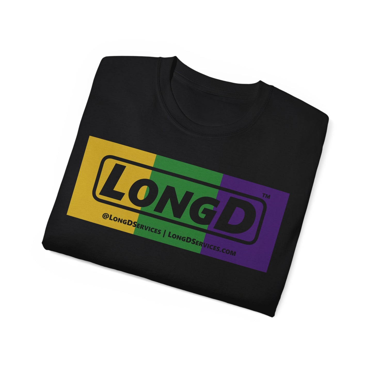 LongD® Logo Cotton Tee (Mardi Gras colored negative text)