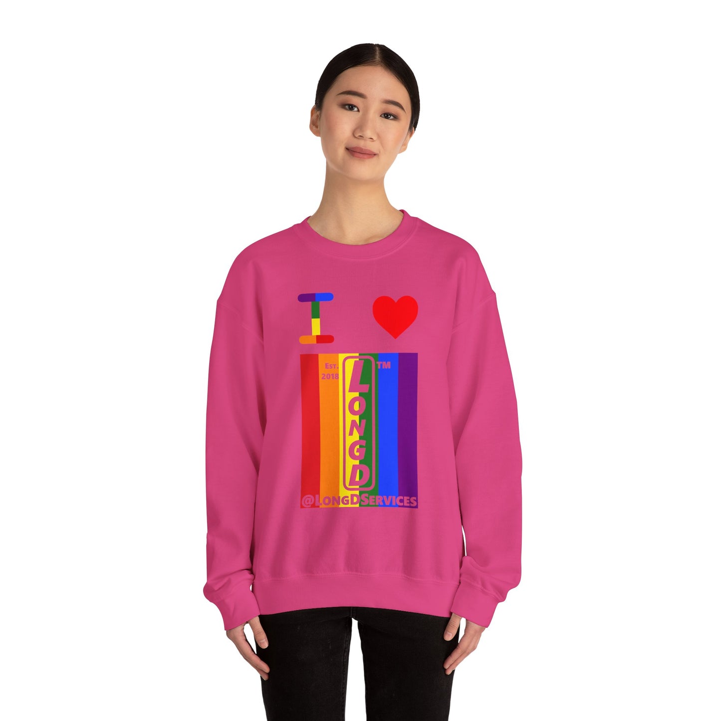 I Luv LongD negative vertical 6-striped tag upright logo crewneck sweatshirt