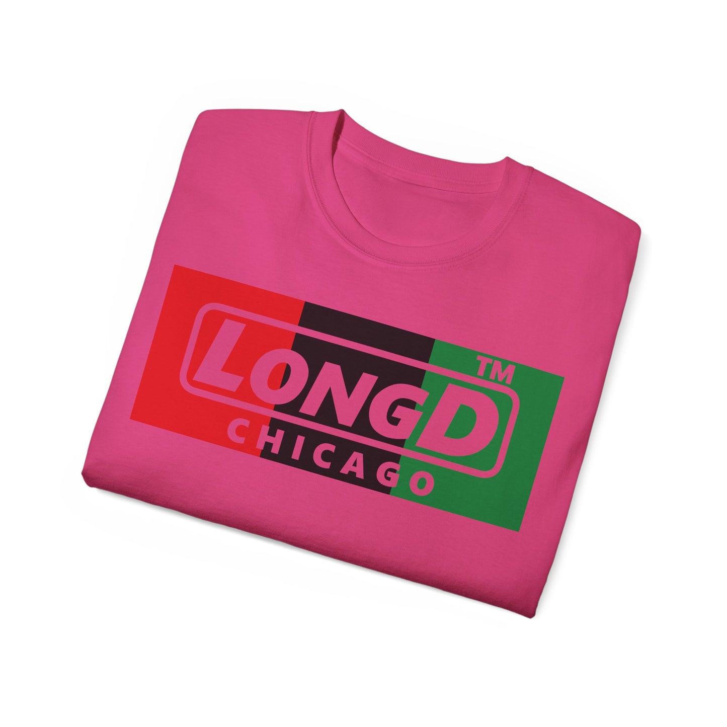 LongD negative vertical 3-striped Chicago logo cotton tee (Juneteenth colors)
