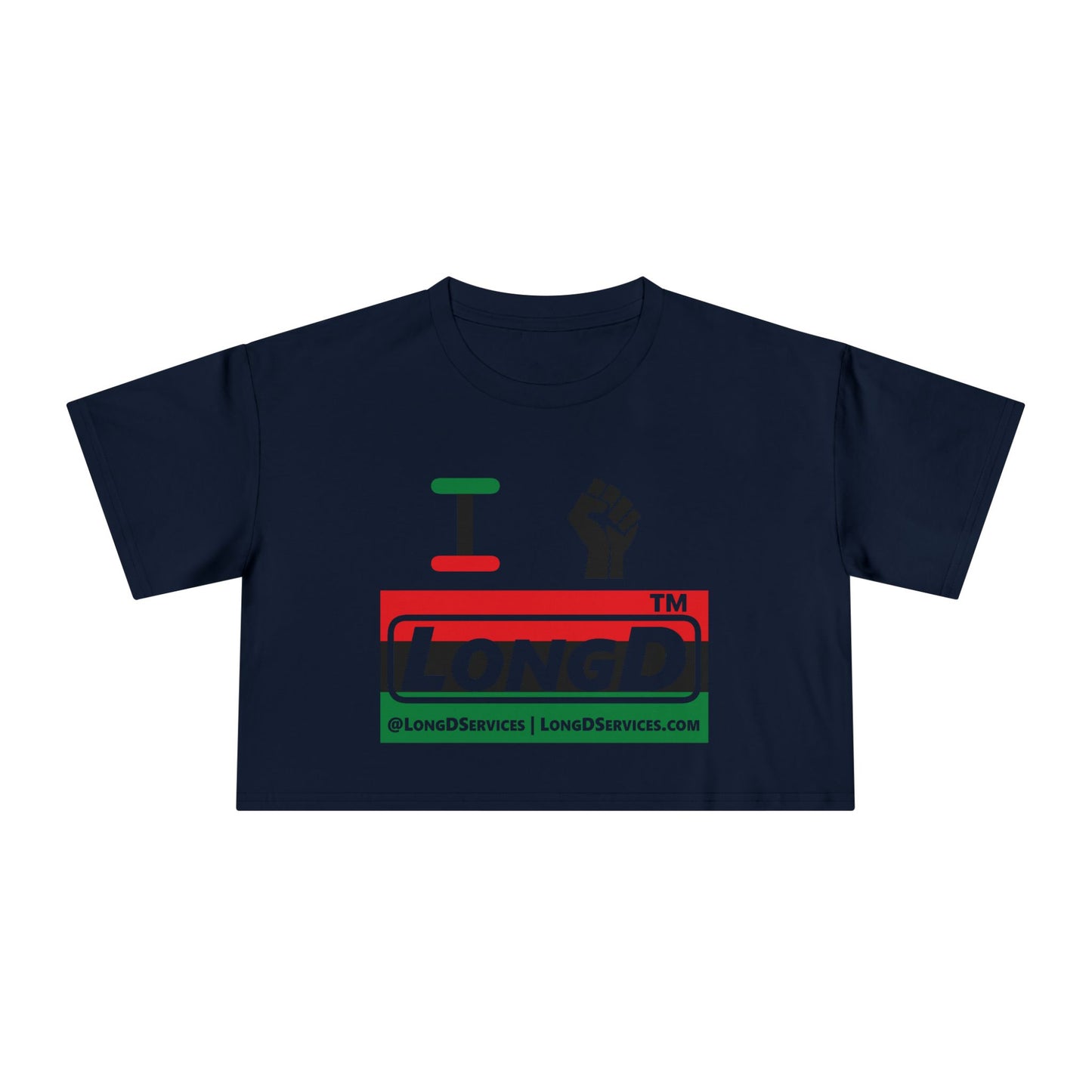 I fist LongD negative horizontal 3-striped tag-domain logo crop tee