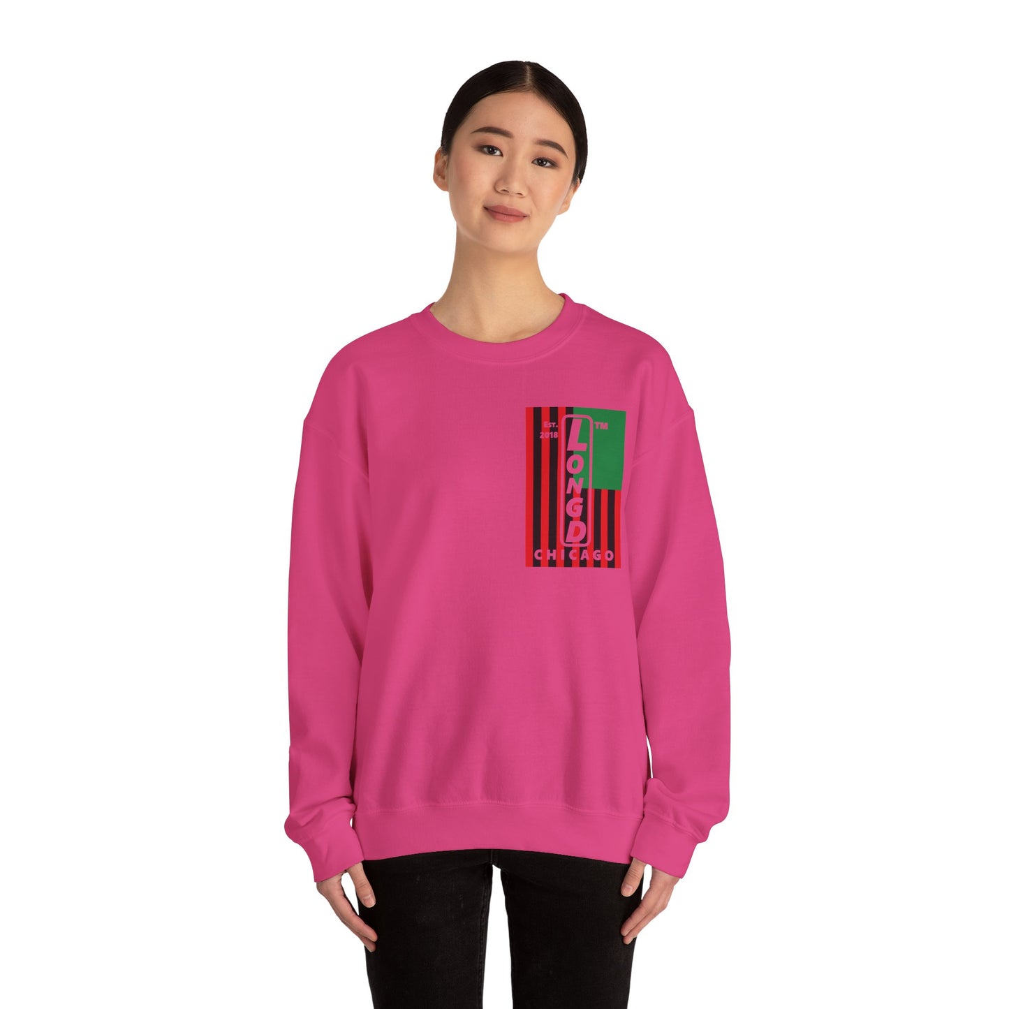 LongD negative cropped flag single-breasted front-back Chicago upright logo crewneck sweatshirt (Juneteenth colors)