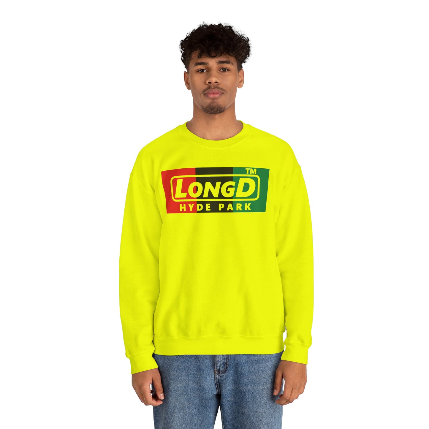 LongD negative vertical 3-striped Hyde Park logo crewneck sweatshirt (Juneteenth colors)