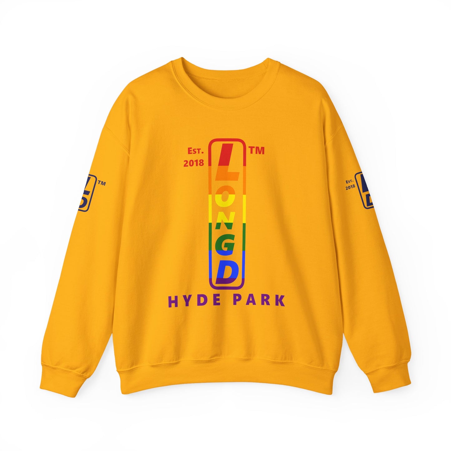 LongD positive horizontal 6-striped Hyde Park 4-print upright logo crewneck sweatshirt (Pride colors)