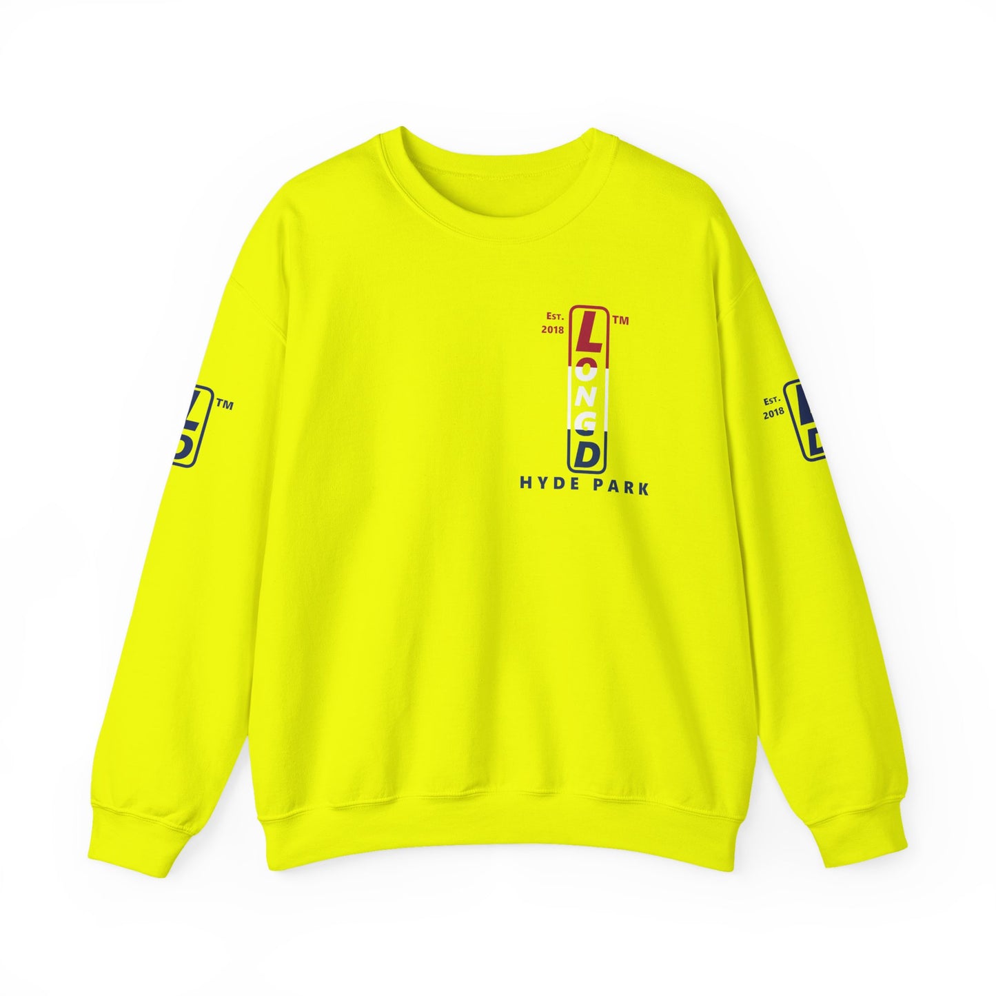 LongD positive horizontal 3-striped Hyde Park upright 4-print single-breasted logo crewneck sweatshirt (patriotic colors)