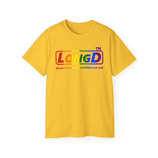LongD positive vertical striped tag-domain logo cotton tee (Pride colors)