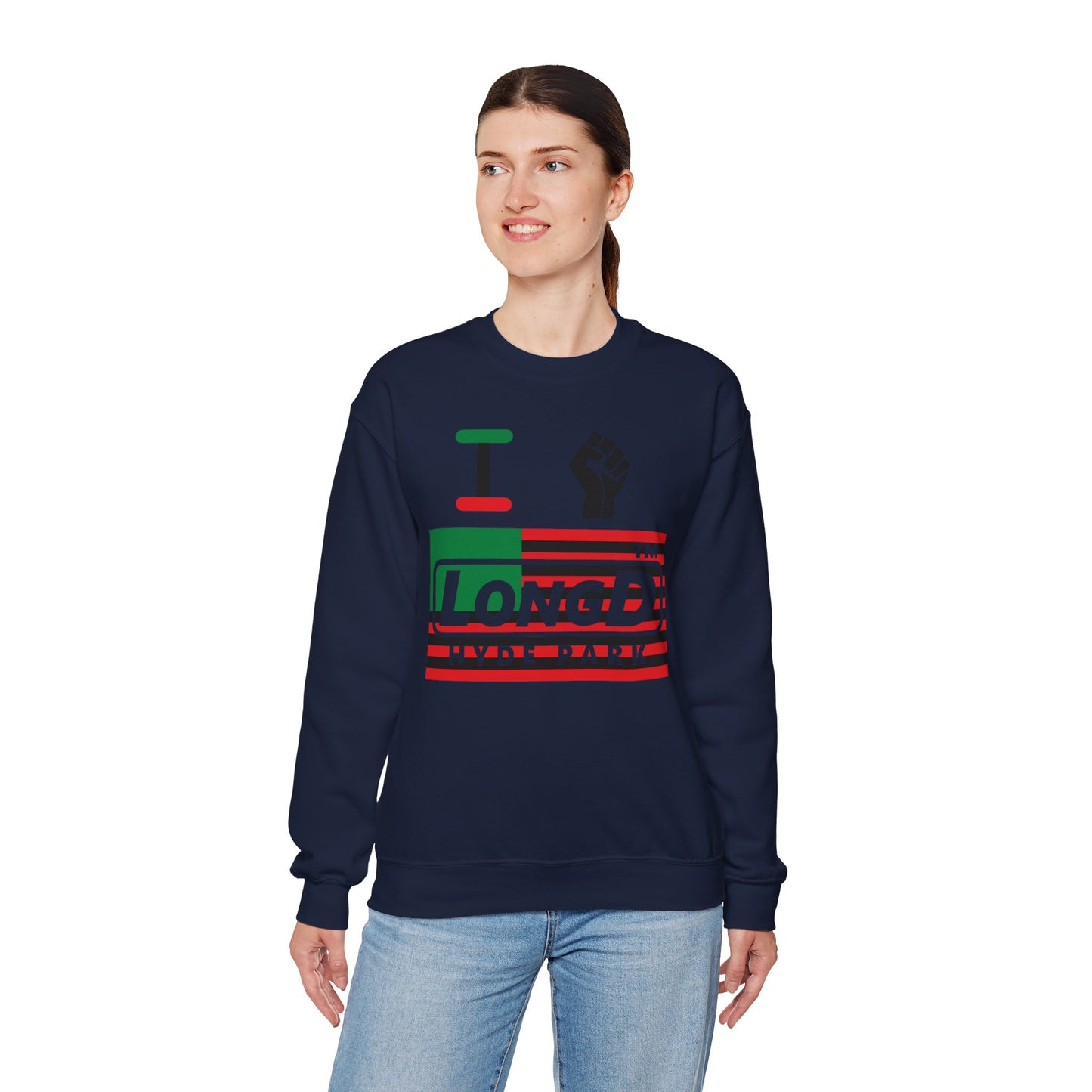 I fist LongD negative flag front-back Hyde Park logo crewneck sweatshirt