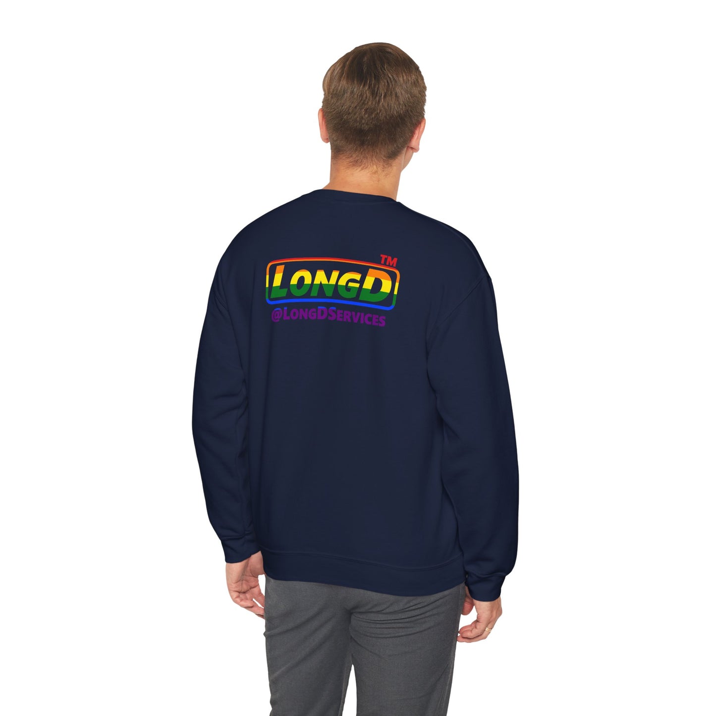 I Luv LongD positive horizontal striped front-back Hyde Park logo crewneck sweatshirt (Pride colors)