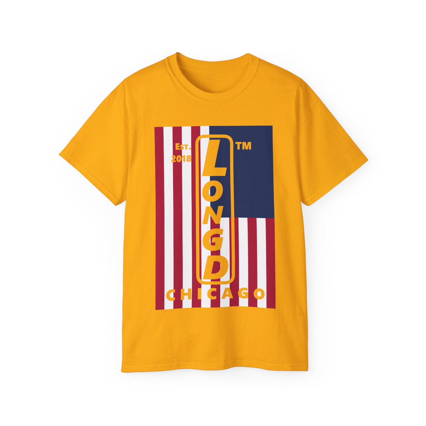 LongD cotton tee negative cropped flag Chicago upright logo (Patriotic colors)