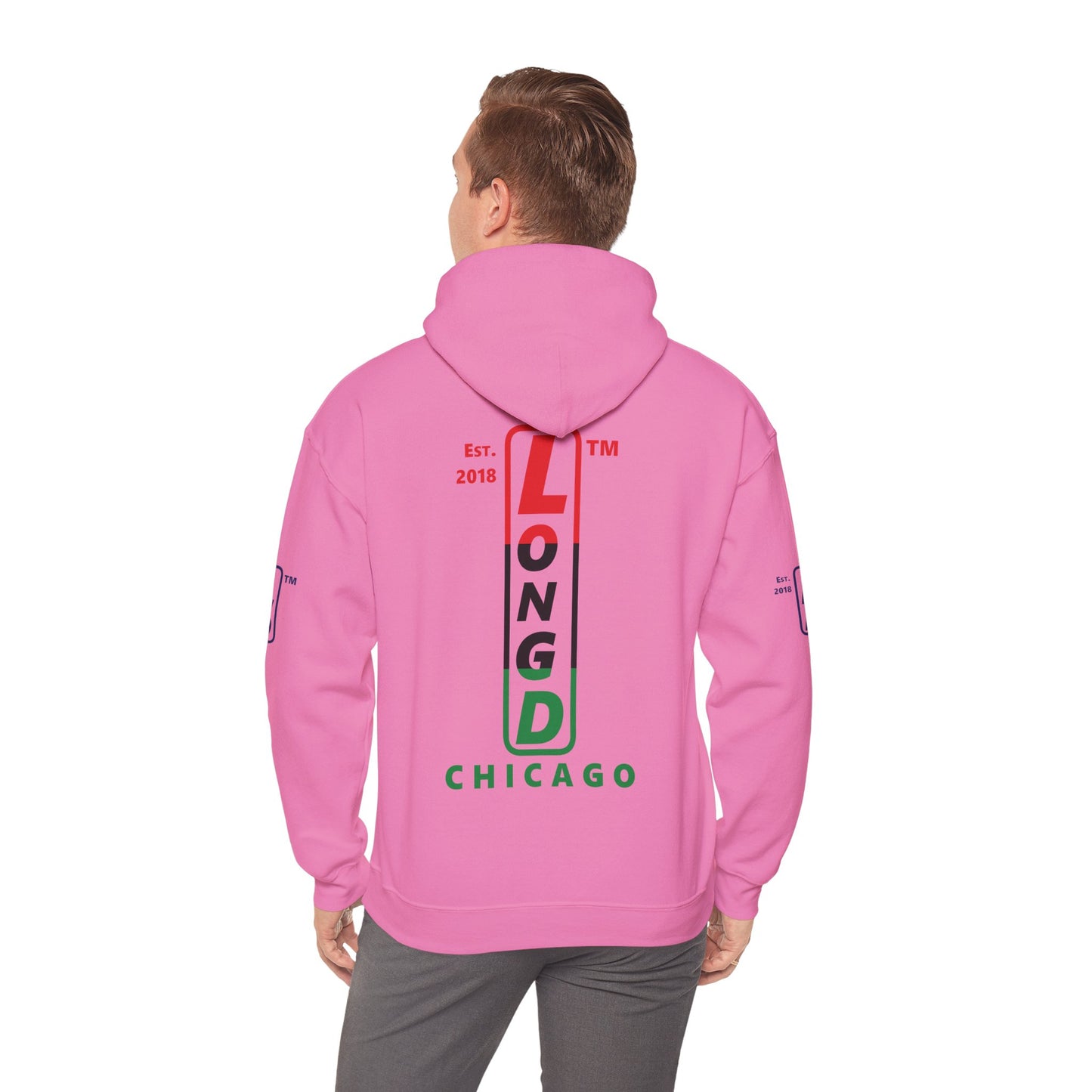 LongD® positive horizontal 3-striped Chicago 4-print upright logo hoodie (Juneteenth colors)