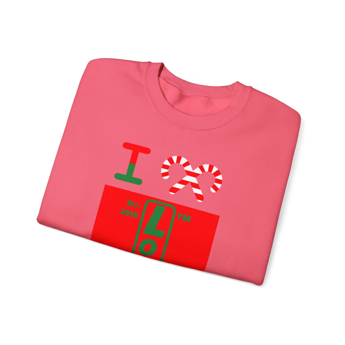 I candy cane LongD Hyde Park upright logo positive green on negative red crewneck sweatshirt