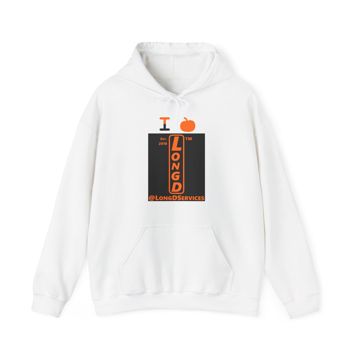 I pumpkin LongD Tag upright logo positive orange on negative black hoodie