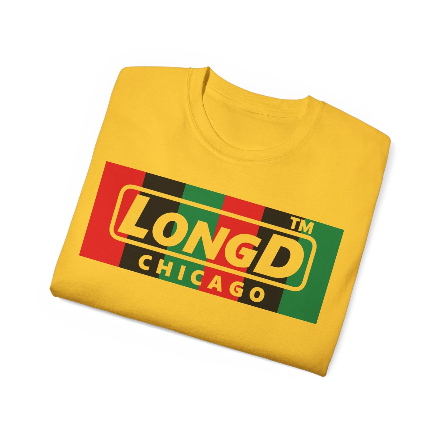LongD negative vertical 6-striped Chicago logo front-back cotton tee (Juneteenth colors)