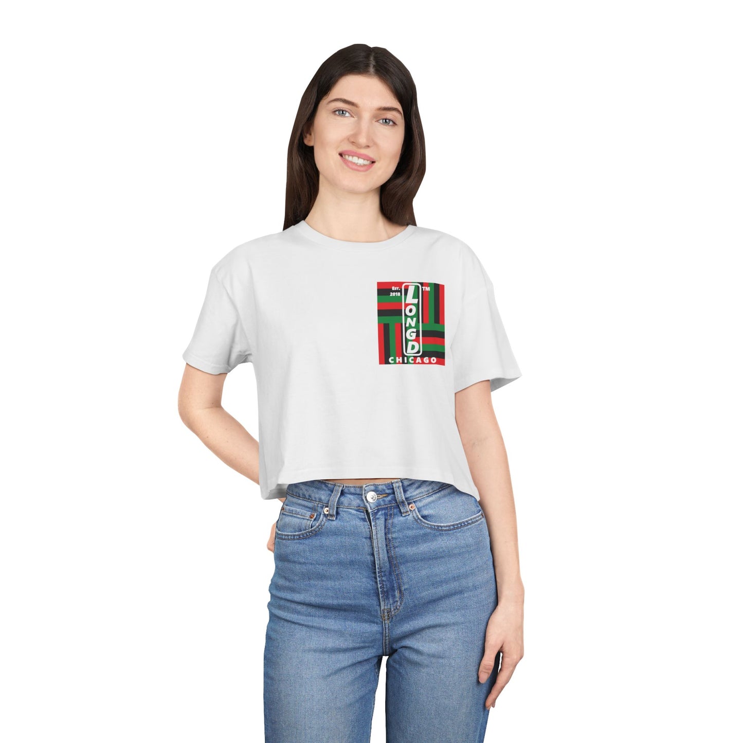 Negative windmill upright single-breasted Chicago logo crop tee (Juneteenth colors)