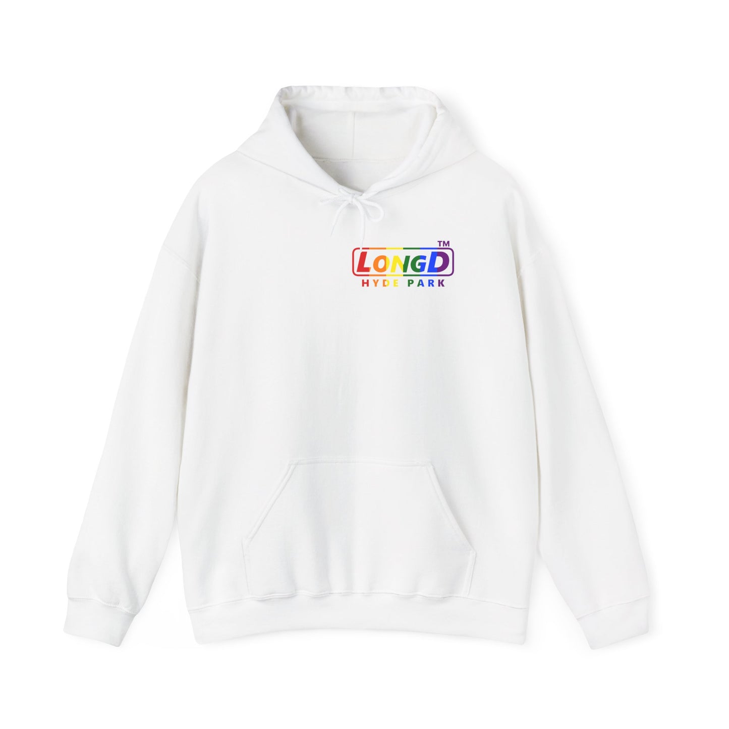 LongD® positive vertical striped single-breasted front-back Hyde Park logo hoodie (Pride colors)
