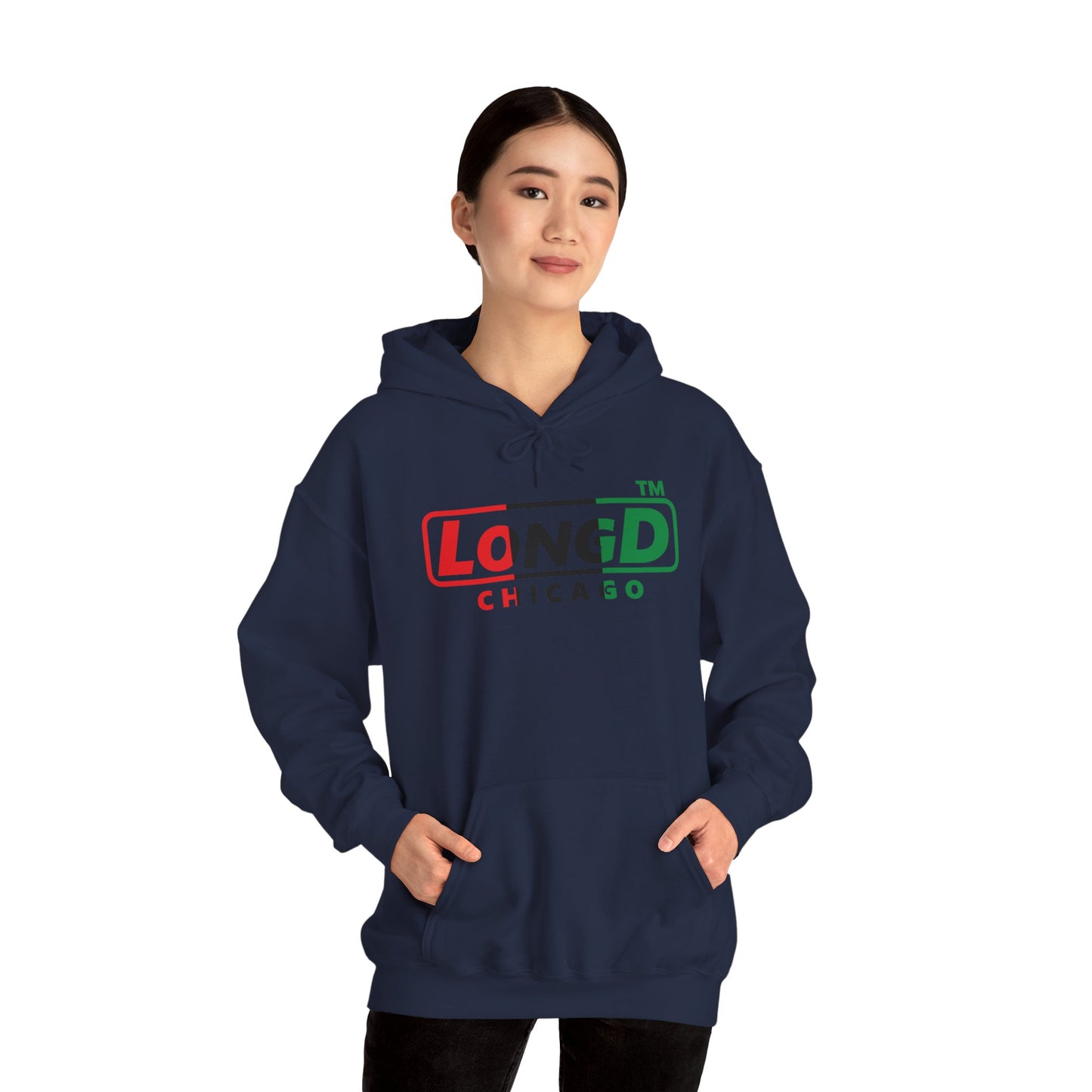 LongD® positive vertical 3-striped Chicago logo Hoodie (Juneteenth colors)