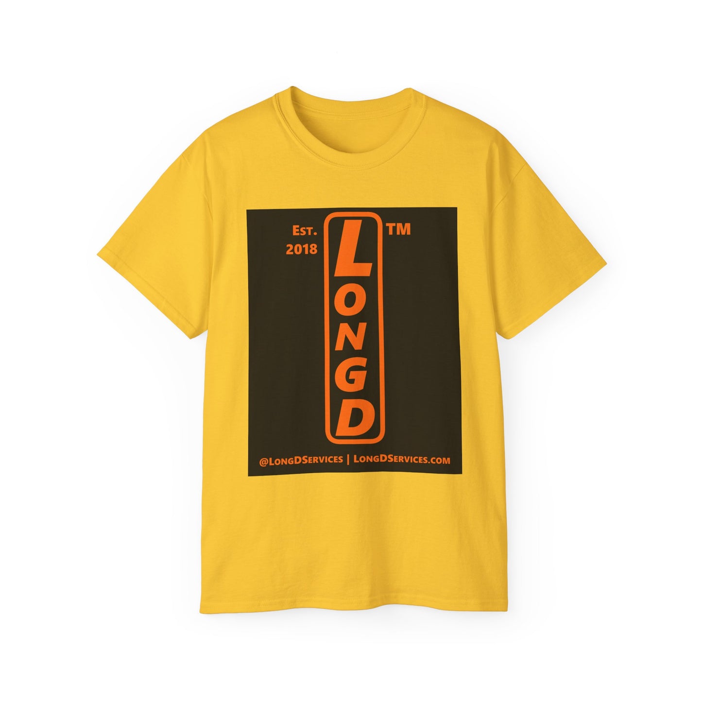 LongD Tag-domain upright front-back logo orange (FE7518) on Black (000000) cotton tee