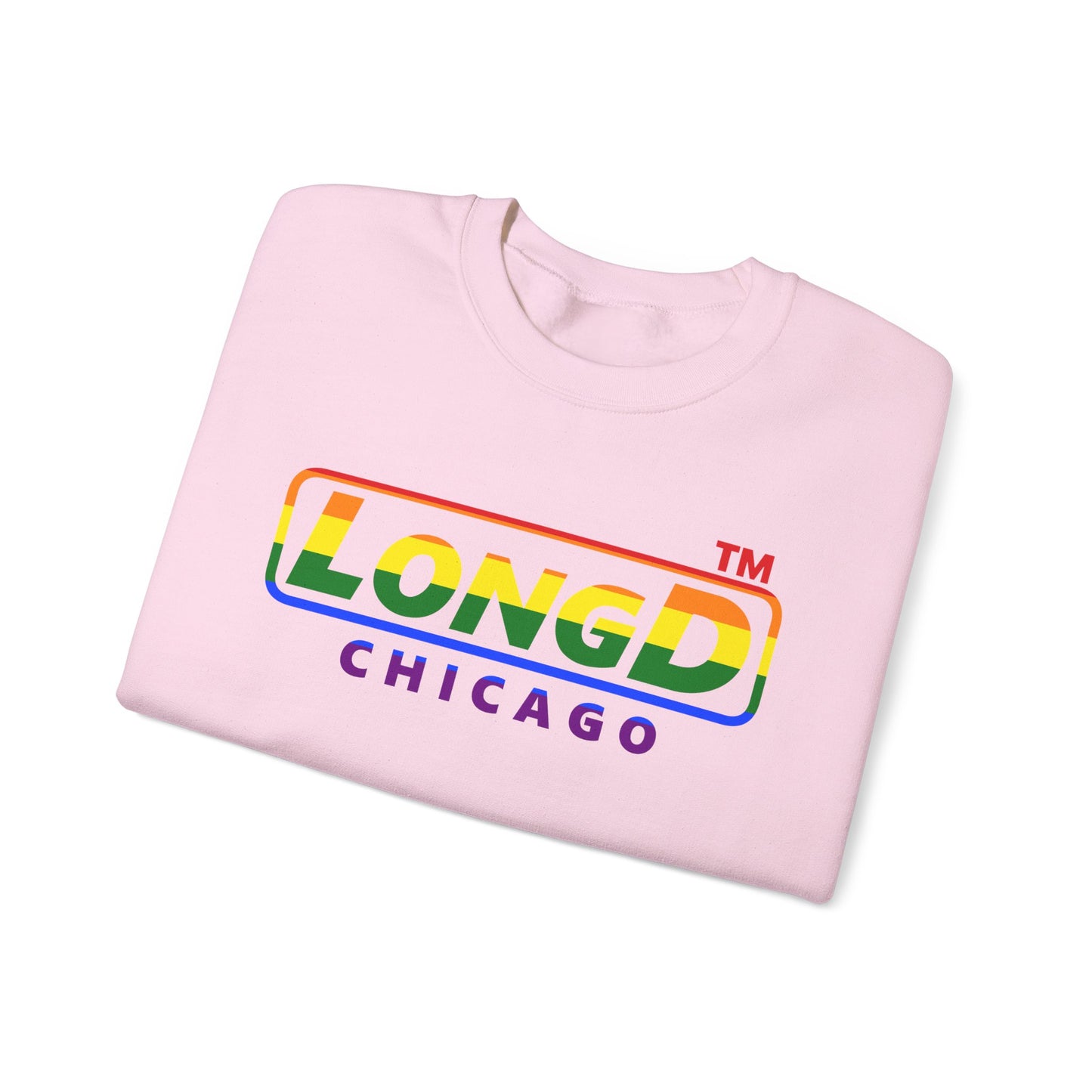 LongD positive horizontal striped front-back Chicago logo crewneck sweatshirt (Pride colors)