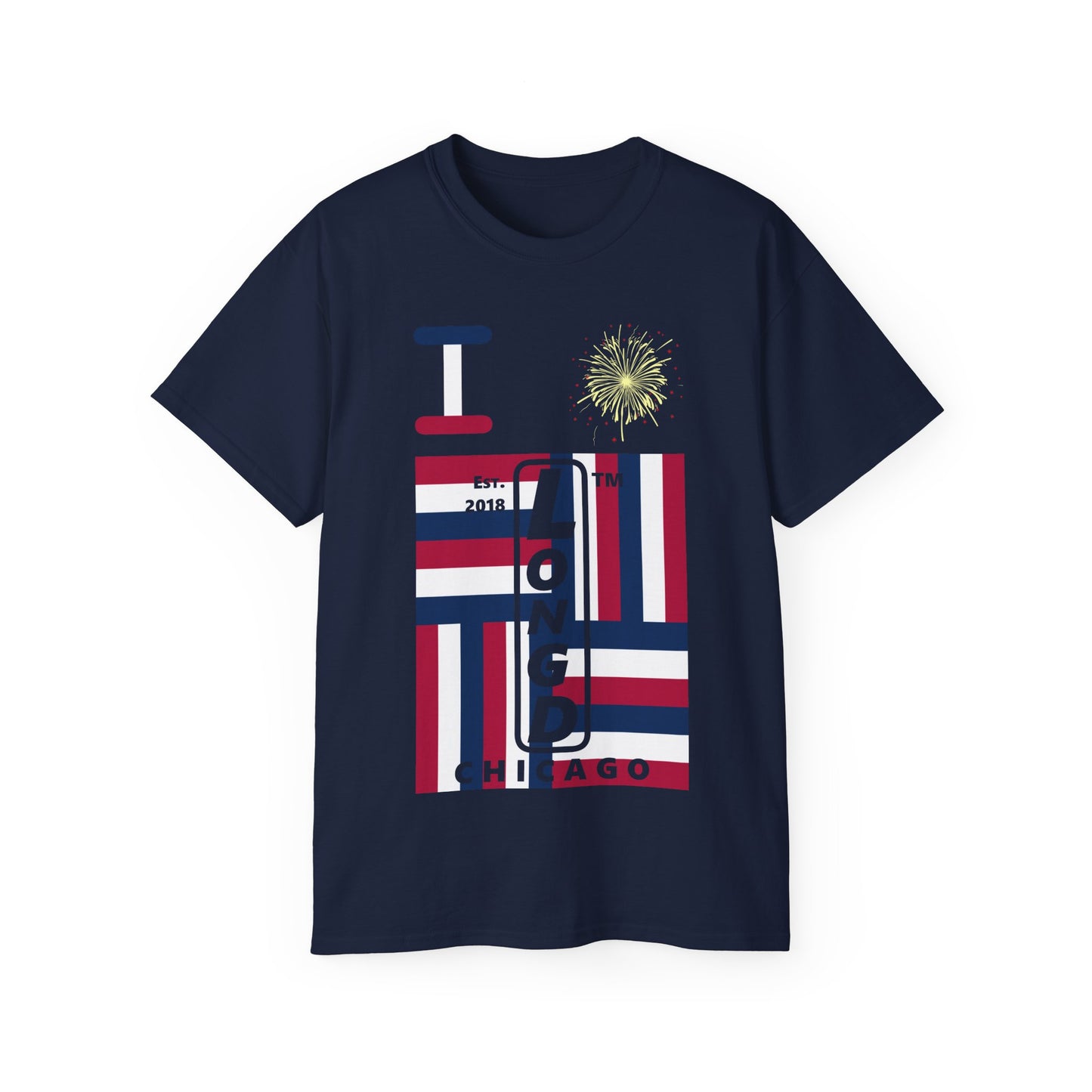 I Burst LongD cotton tee negative windmill Chicago upright logo (Patriotic colors)