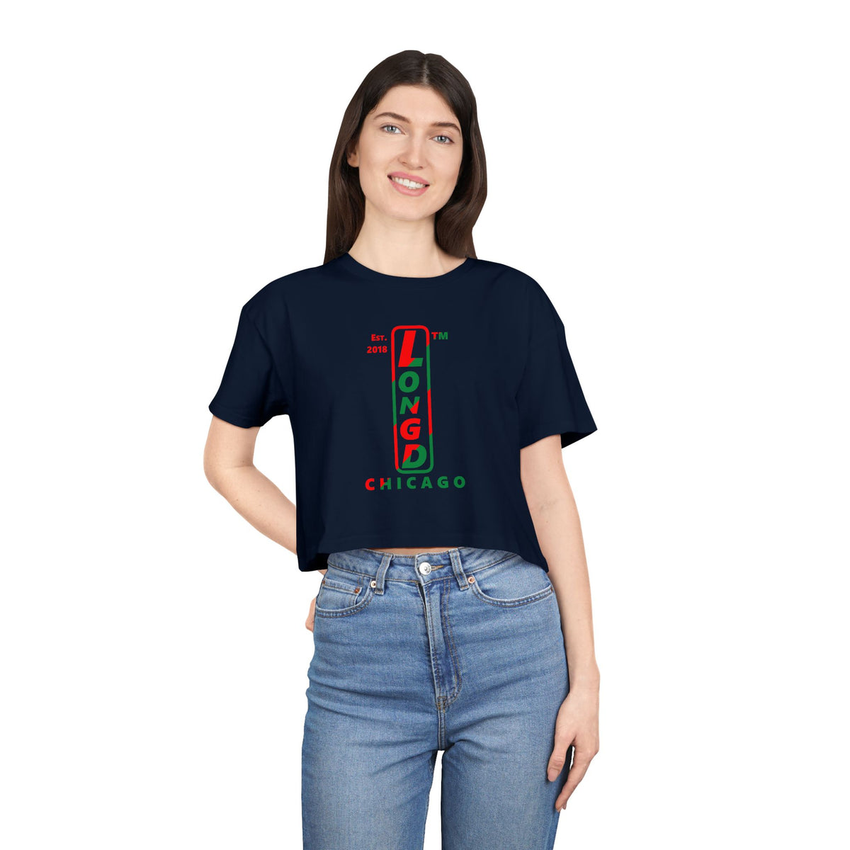 LongD Chicago positive upright pixel-weighted 4-striped logo (Xmas colors) crop tee