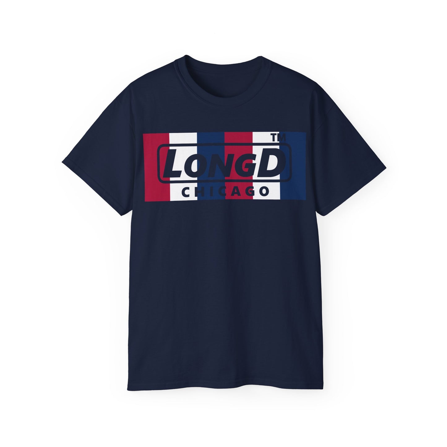LongD negative vertical 6-striped Chicago logo cotton tee (patriotic colors)