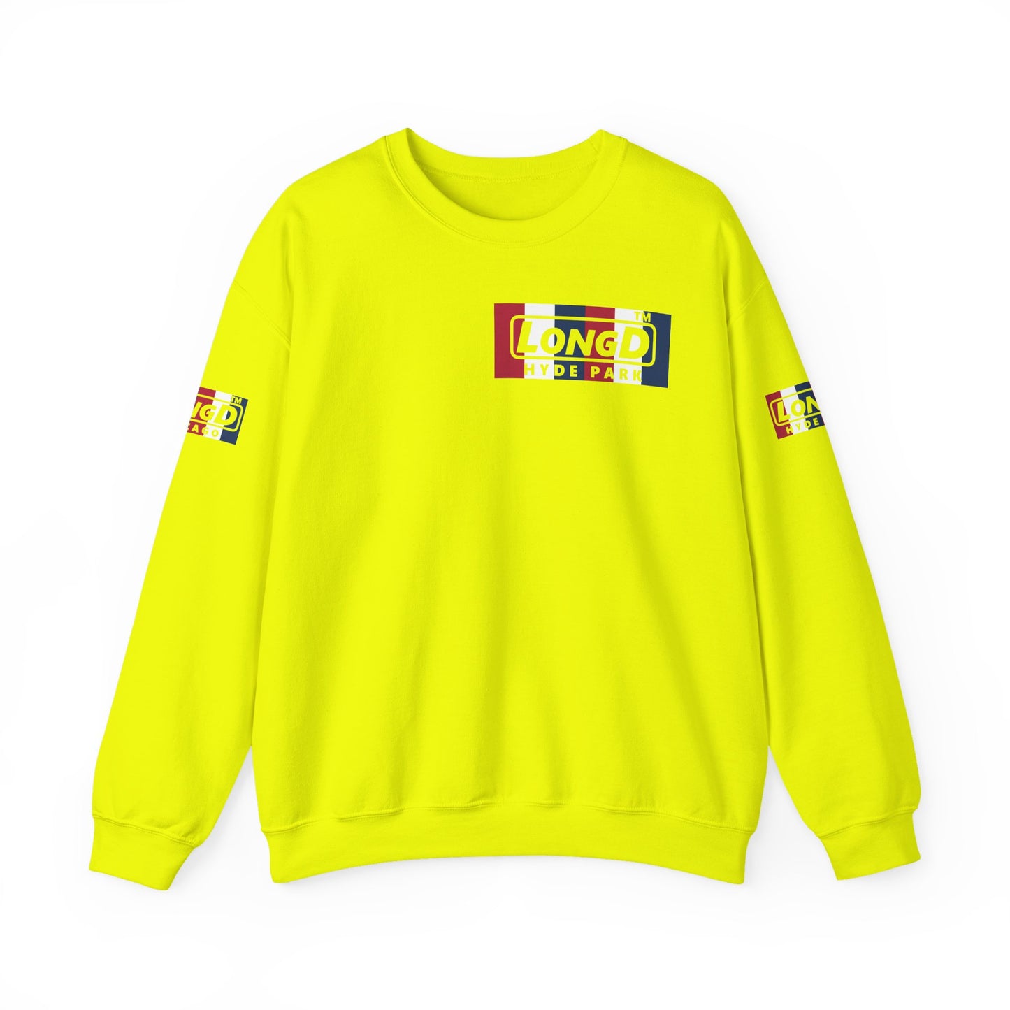 LongD negative vertical 6-striped 4-print single-breasted Hyde Park logo crewneck sweatshirt (patriotic colors)