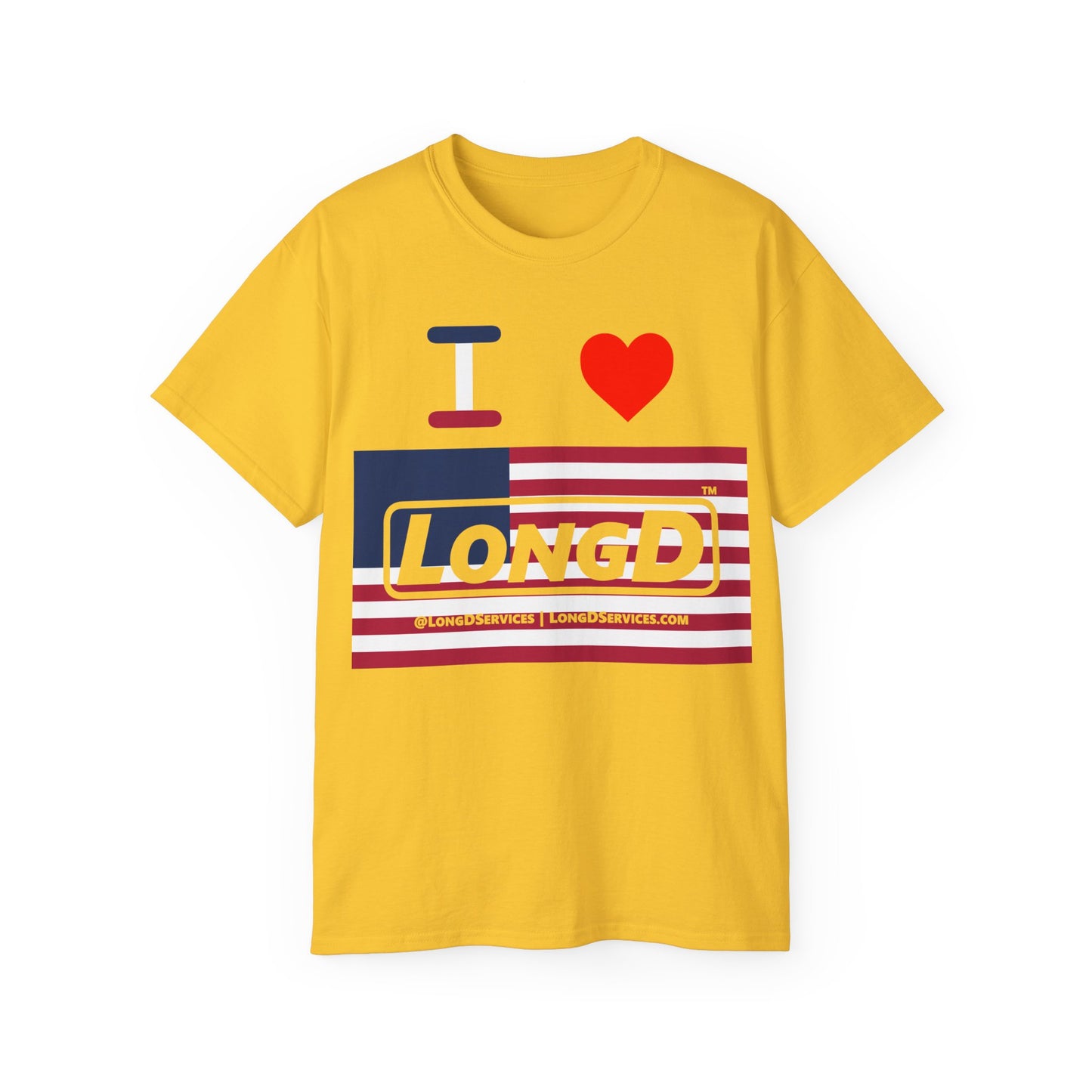 I Luv LongD® Logo Cotton Tee Red, White and Blue negative flag text
