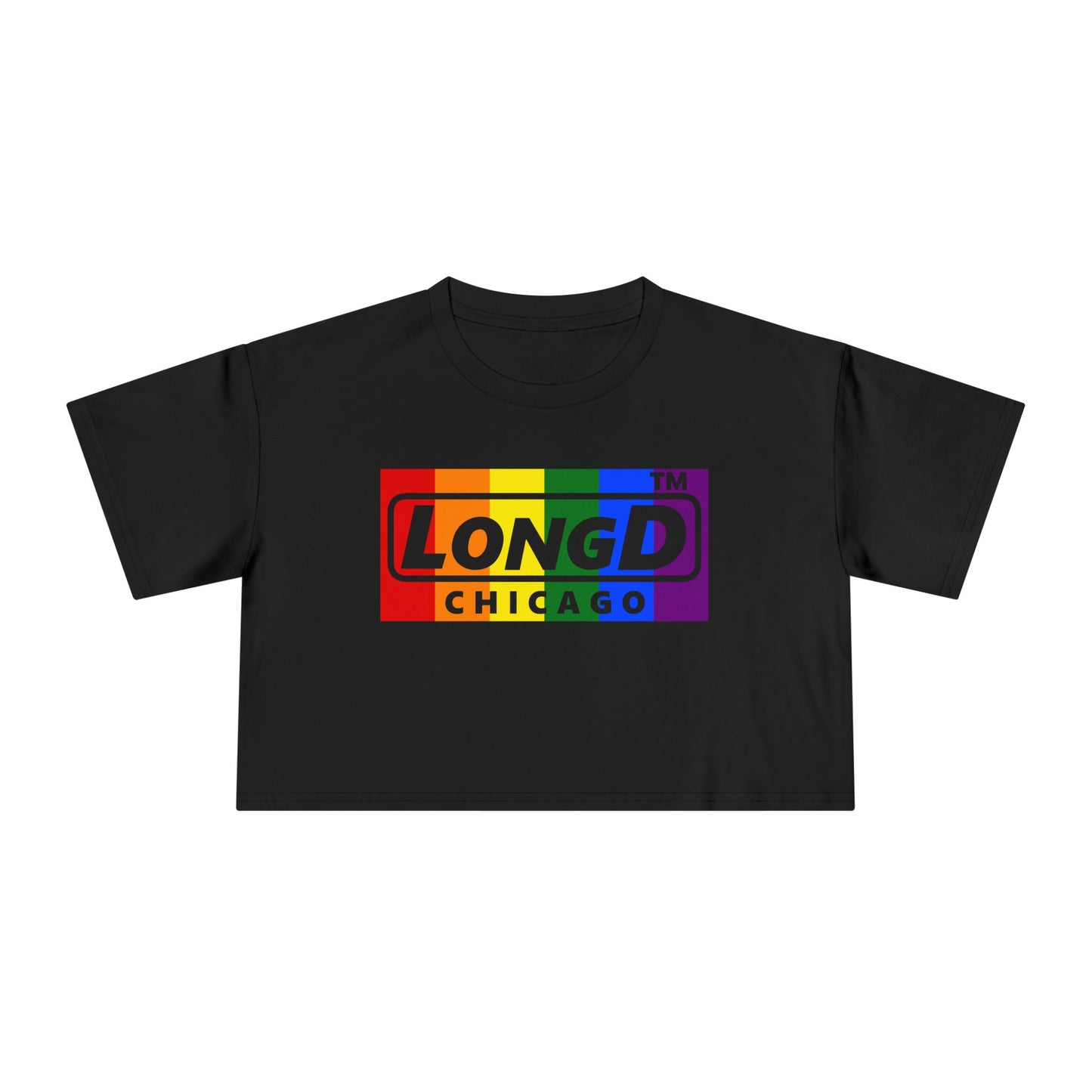 LongD negative vertical 6-striped Chicago logo crop tee (Pride colors)