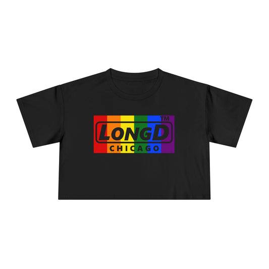 LongD negative vertical 6-striped Chicago logo crop tee (Pride colors)