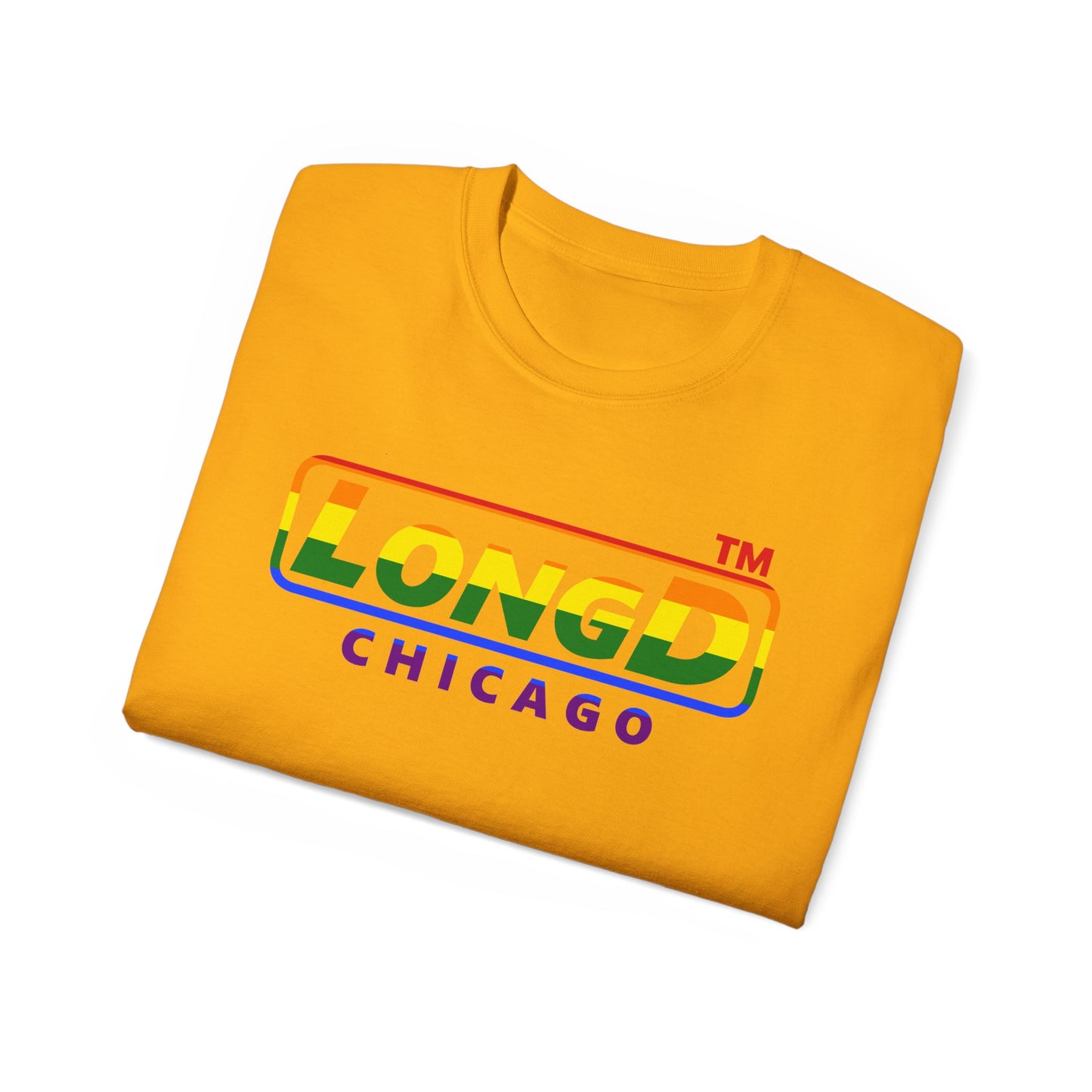 LongD positive vertical striped front-back Chicago logo cotton tee (Pride colors)