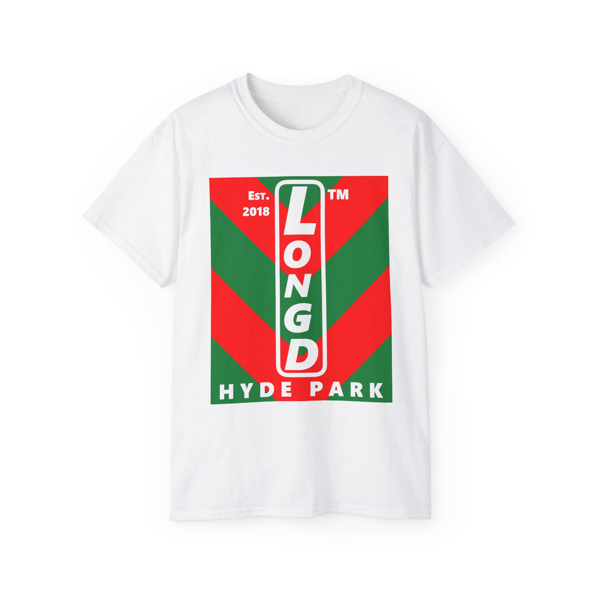 LongD Hyde Park negative upright downward chevron logo (Xmas colors) cotton tee