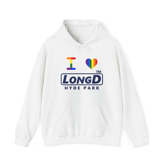 I Luv LongD® official basic front-back Hyde Park logo hoodie (Pride colors)