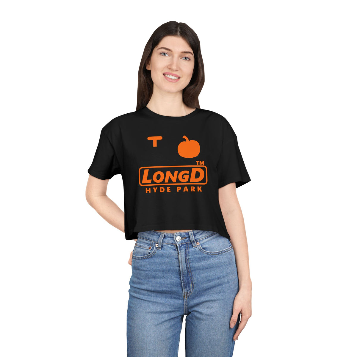 I pumpkin LongD Hyde Park logo positive orange on negative black crop tee