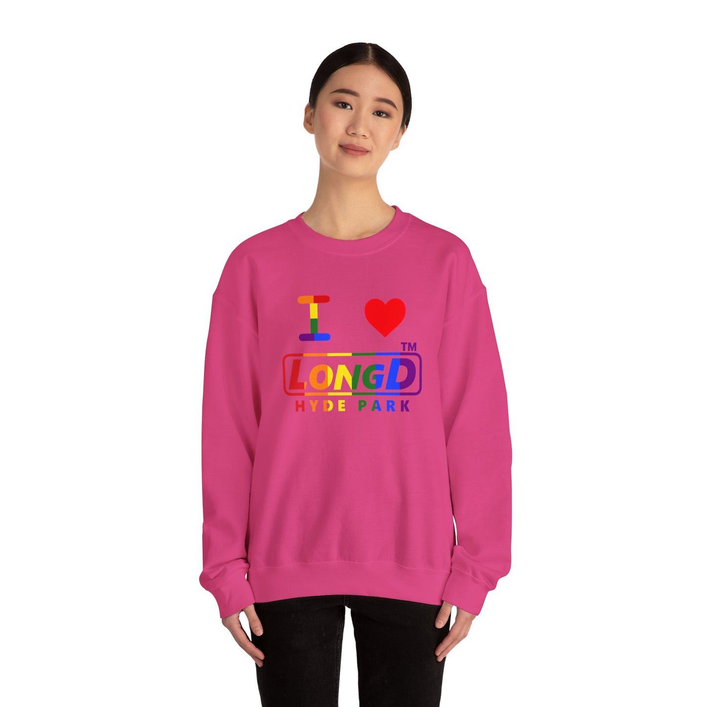 I Luv LongD positive vertical striped Hyde Park logo crewneck sweatshirt (Pride colors)