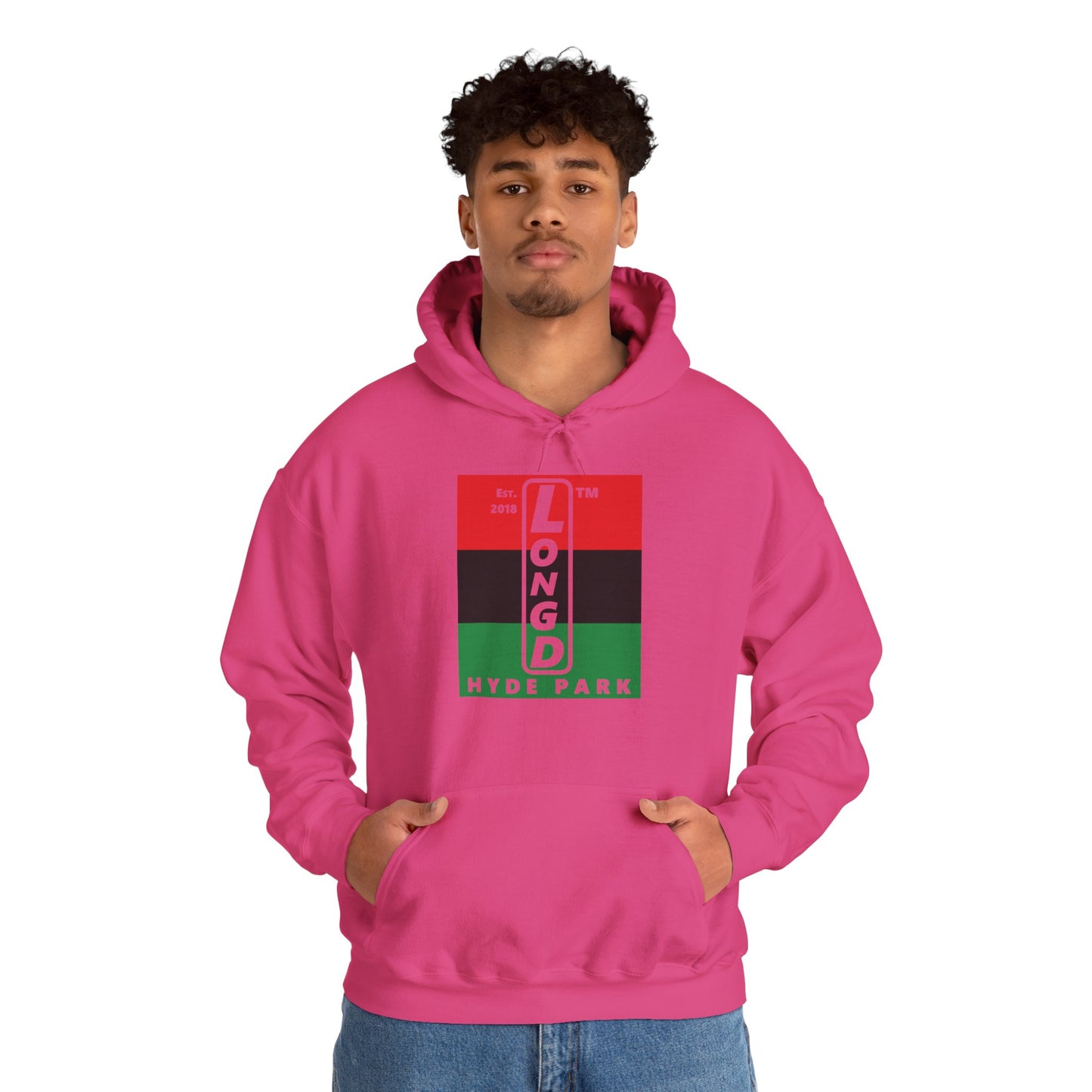 LongD® negative horizontal 3-striped upright Hyde Park logo hoodie (Juneteenth colors)