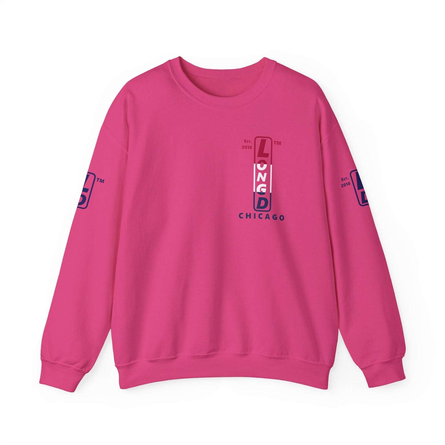 LongD positive horizontal 3-striped Chicago upright 4-print single-breasted logo crewneck sweatshirt (patriotic colors)