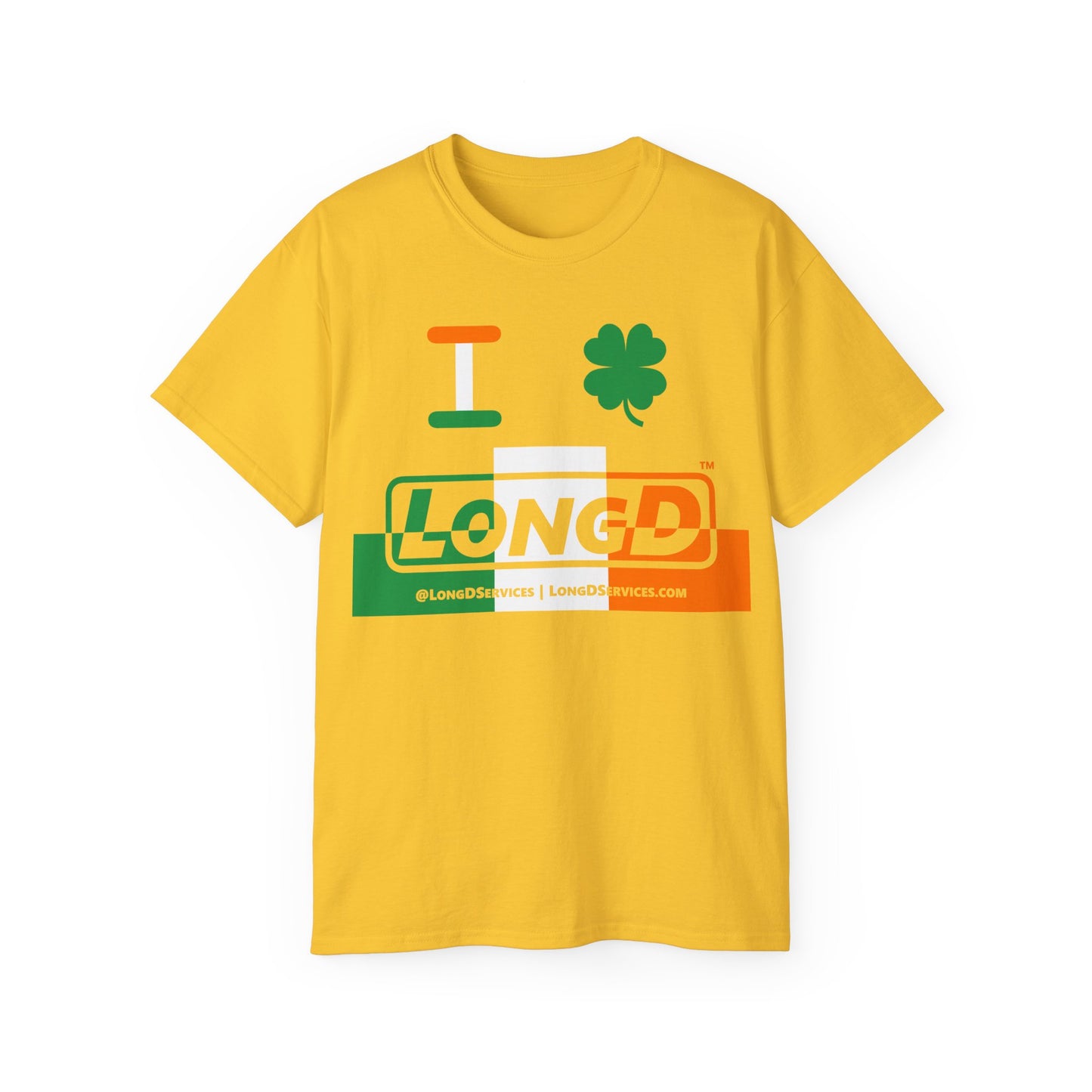 I Clover LongD® Logo Cotton Tee (St. Patrick's Day -Irish Green, White and Irish Orange thirds top-bottom outer positive-negative split with 4-leaf clover)