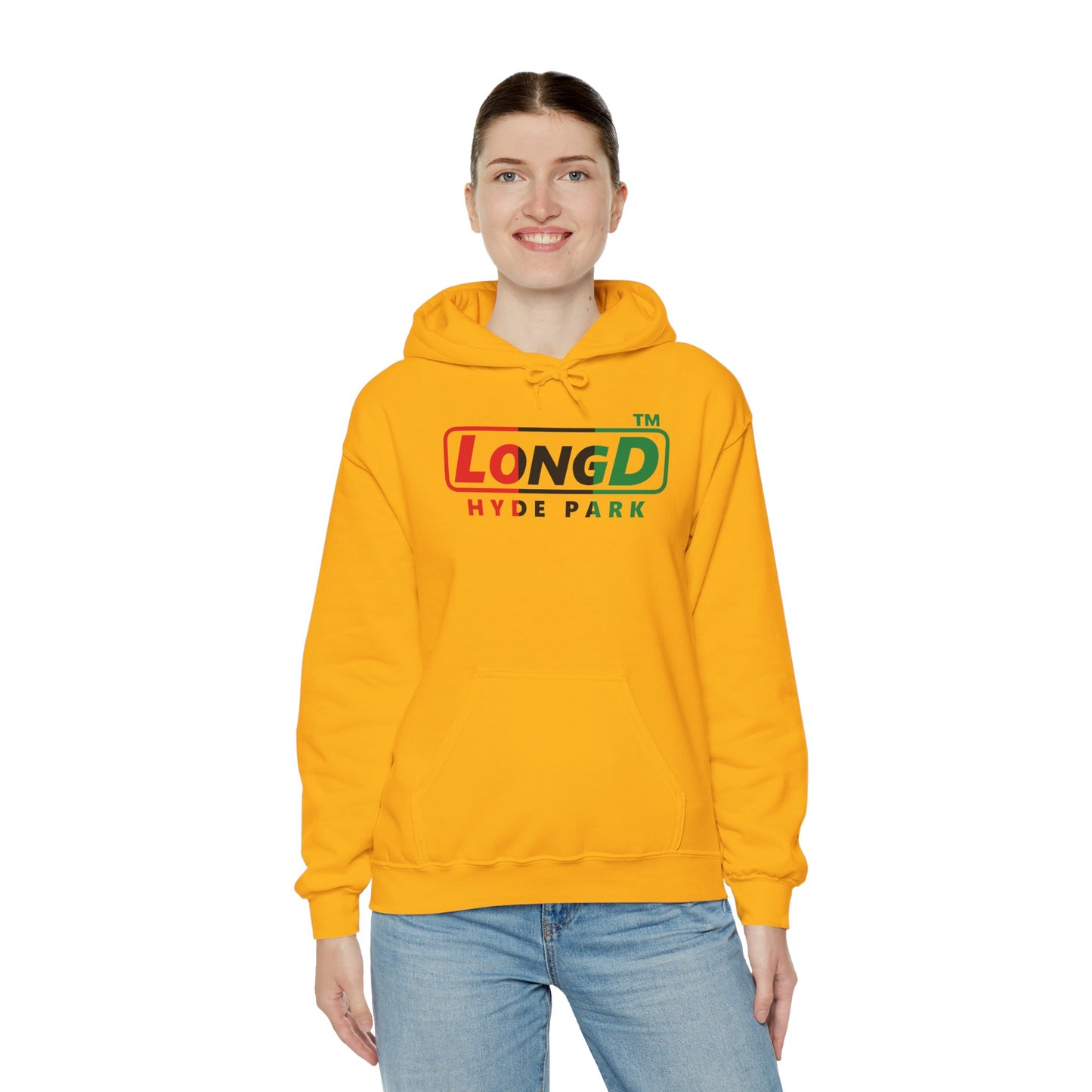 LongD® positive vertical 3-striped Hyde Park logo Hoodie (Juneteenth colors)