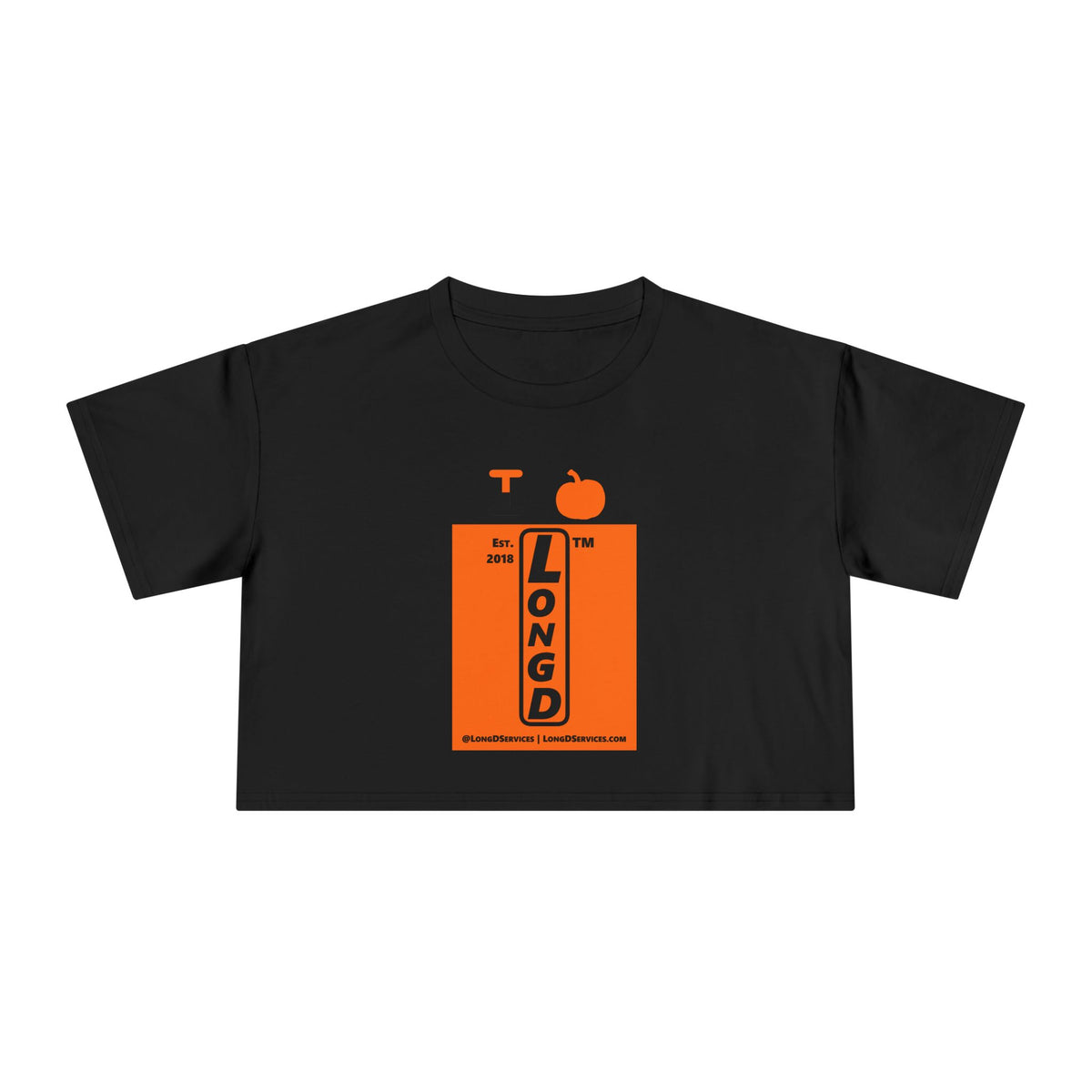 I pumpkin LongD Tag-domain upright logo positive black on negative orange crop tee