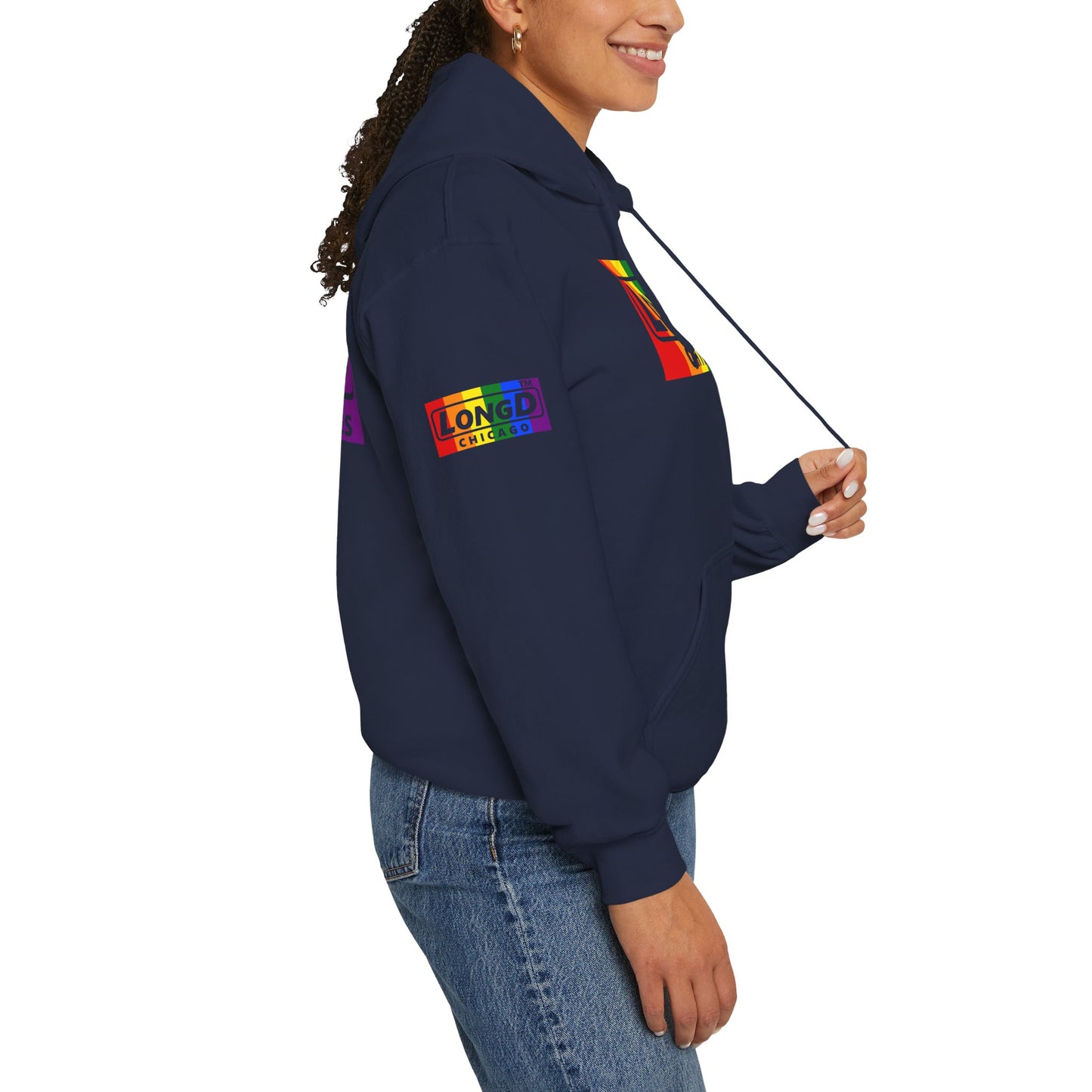 LongD® negative vertical striped 4-print Chicago logo hoodie (Pride colors)