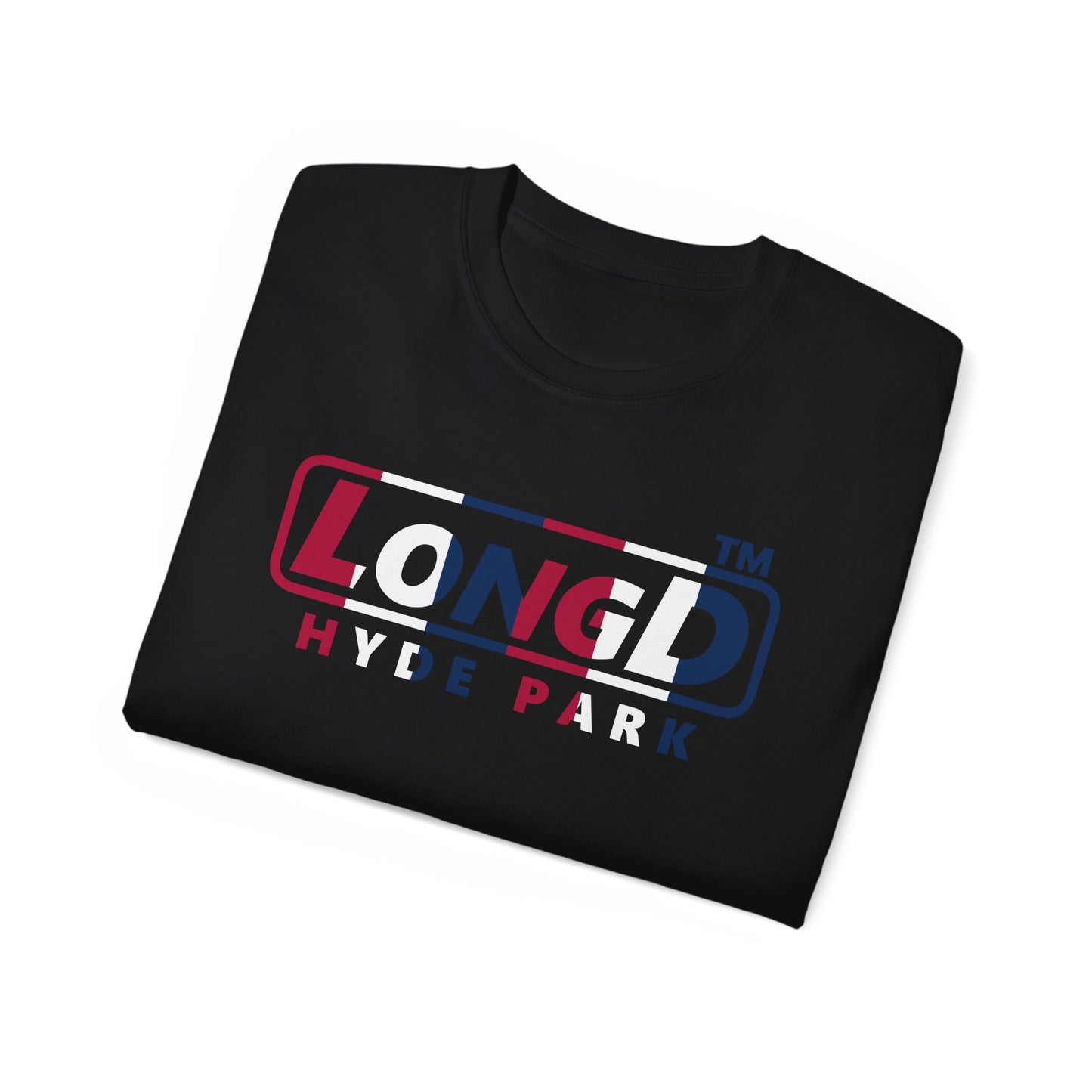 LongD positive vertical 6-striped Hyde Park logo cotton tee (patriotic colors)