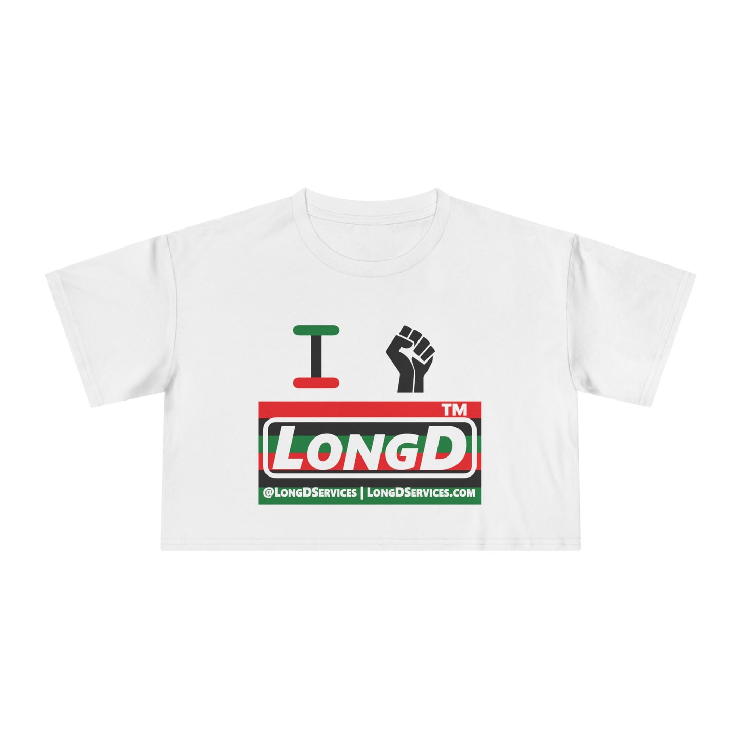 I fist LongD negative horizontal 6-striped tag-domain logo crop tee