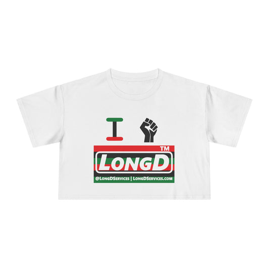 I fist LongD negative horizontal 6-striped tag-domain logo crop tee