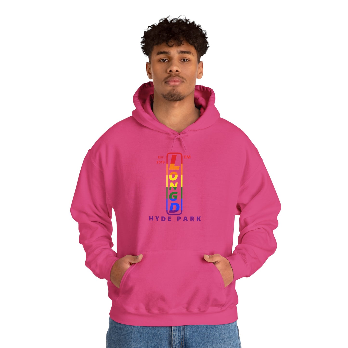 LongD® positive horizontal 6-striped Hyde Park logo hoodie (Pride colors)