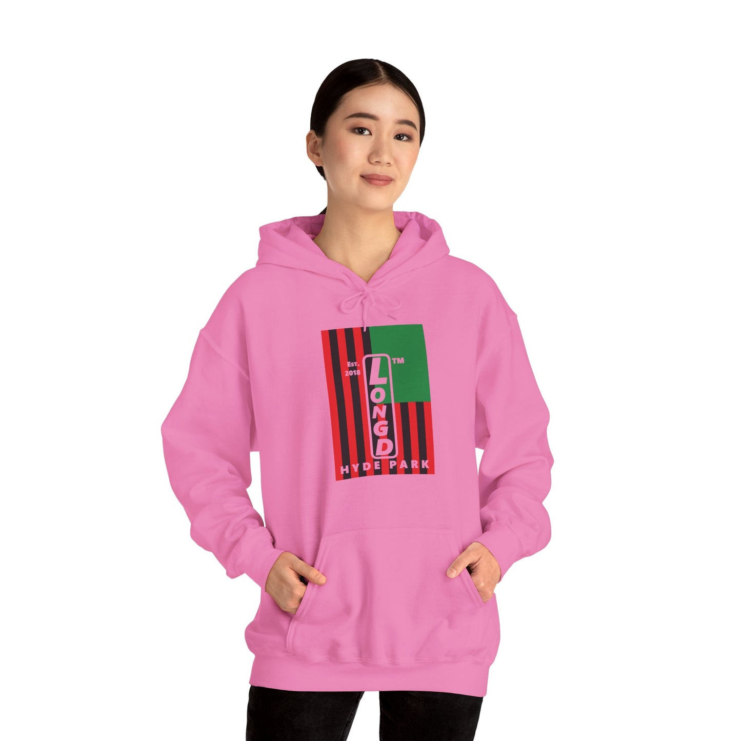 LongD® negative cropped flag upright Hyde Park logo hoodie (Juneteenth colors)