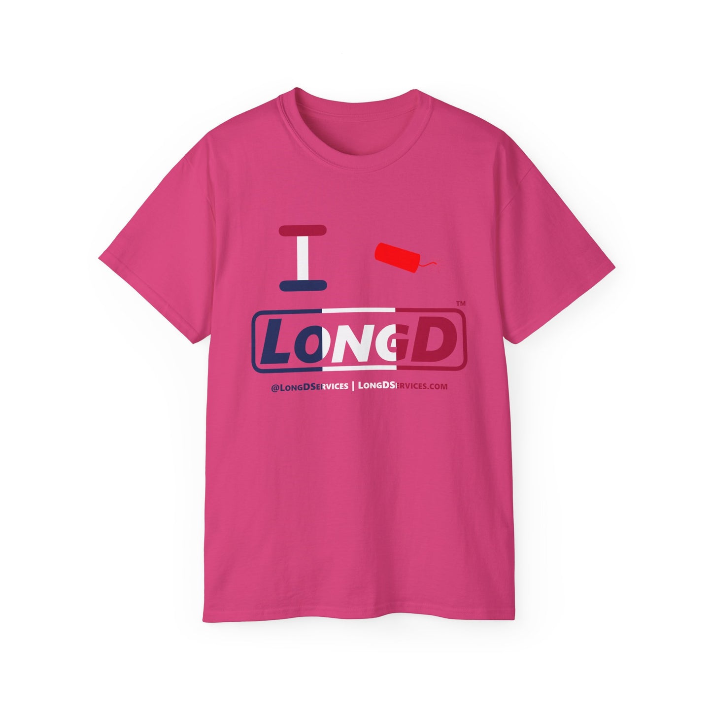 I Firecracker LongD® Logo Cotton Tee Blue, White and Red positive thirds text