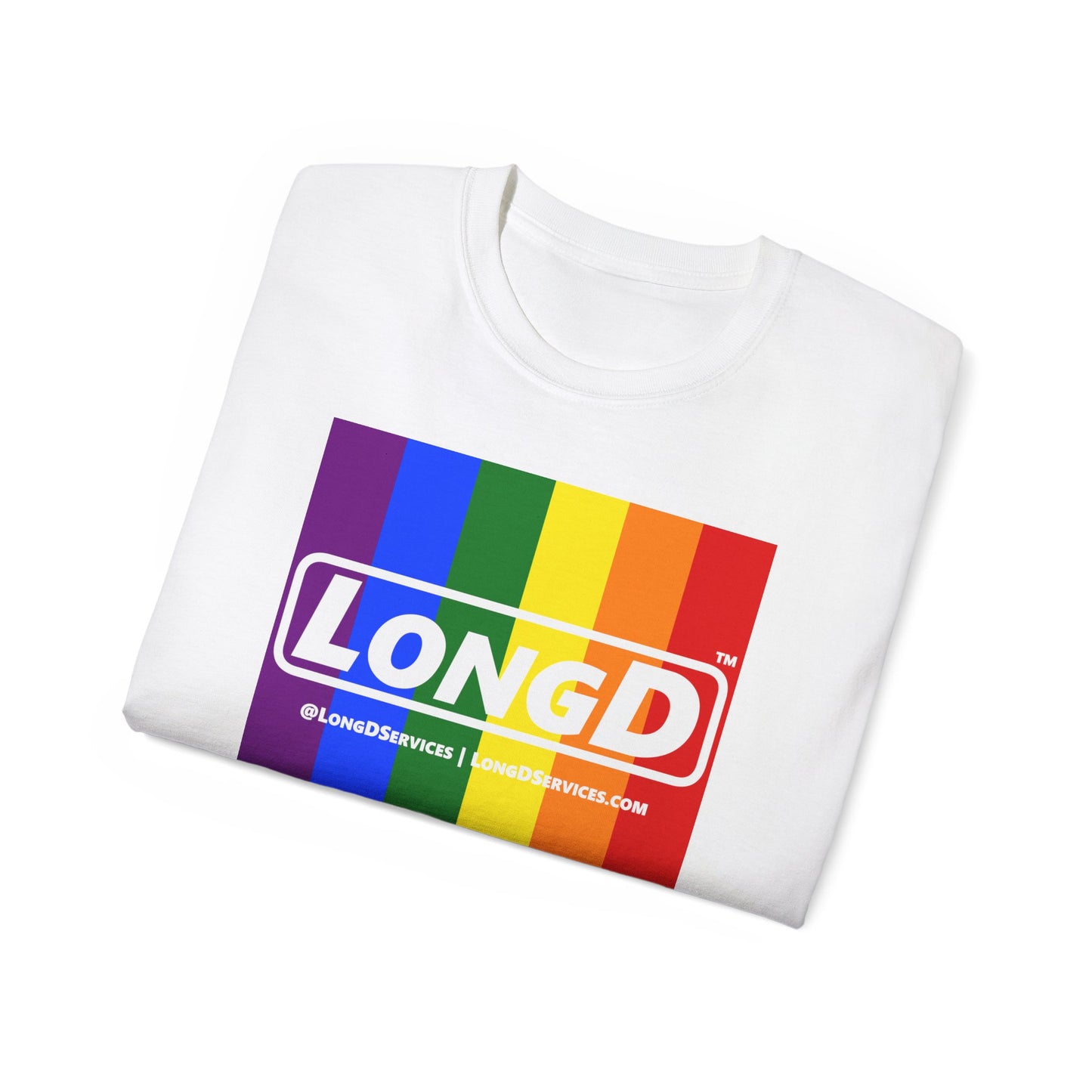 LongD® Logo Cotton Tee Pride rainbow vertical flag negative text