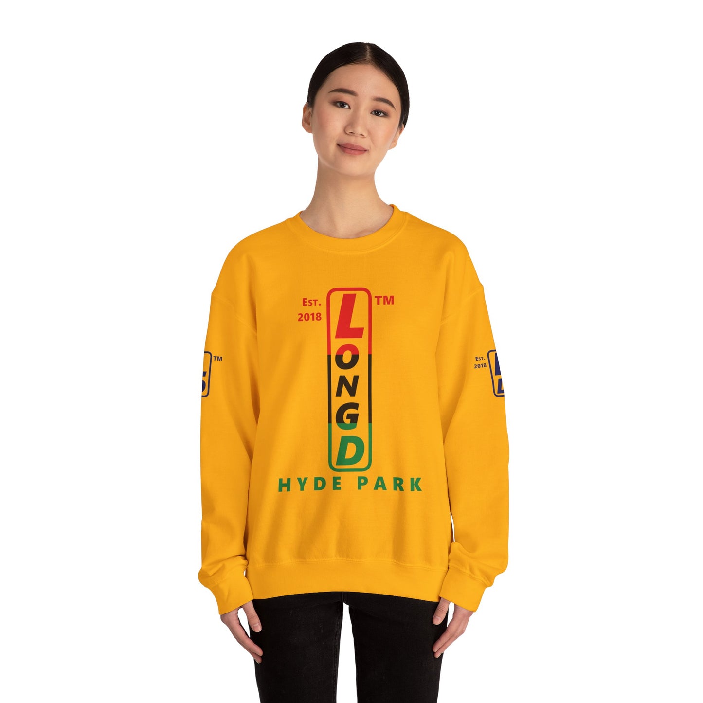 LongD positive horizontal 3-striped Hyde Park 4-print upright logo crewneck sweatshirt (Juneteenth colors)